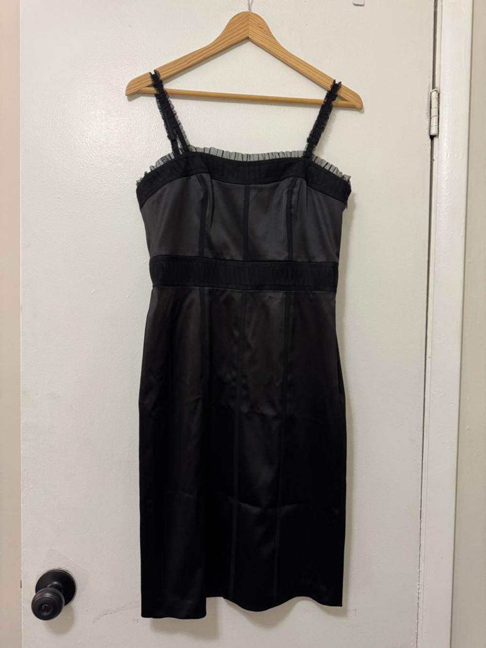 White House Black Market Black Satin Dress with Ruffle Detail